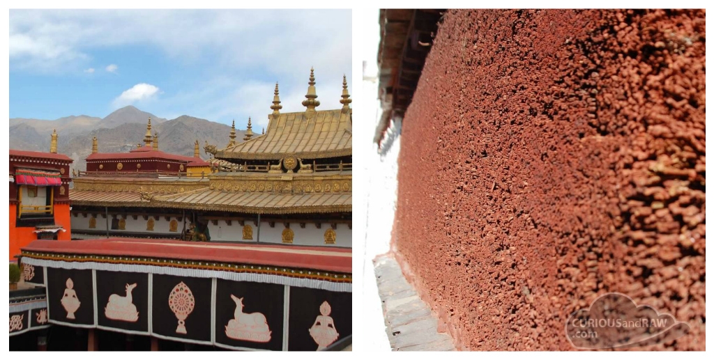 Left: The palace. Right: The red sections of the palace walls are constructed with stacked of wood sticks, painted red.